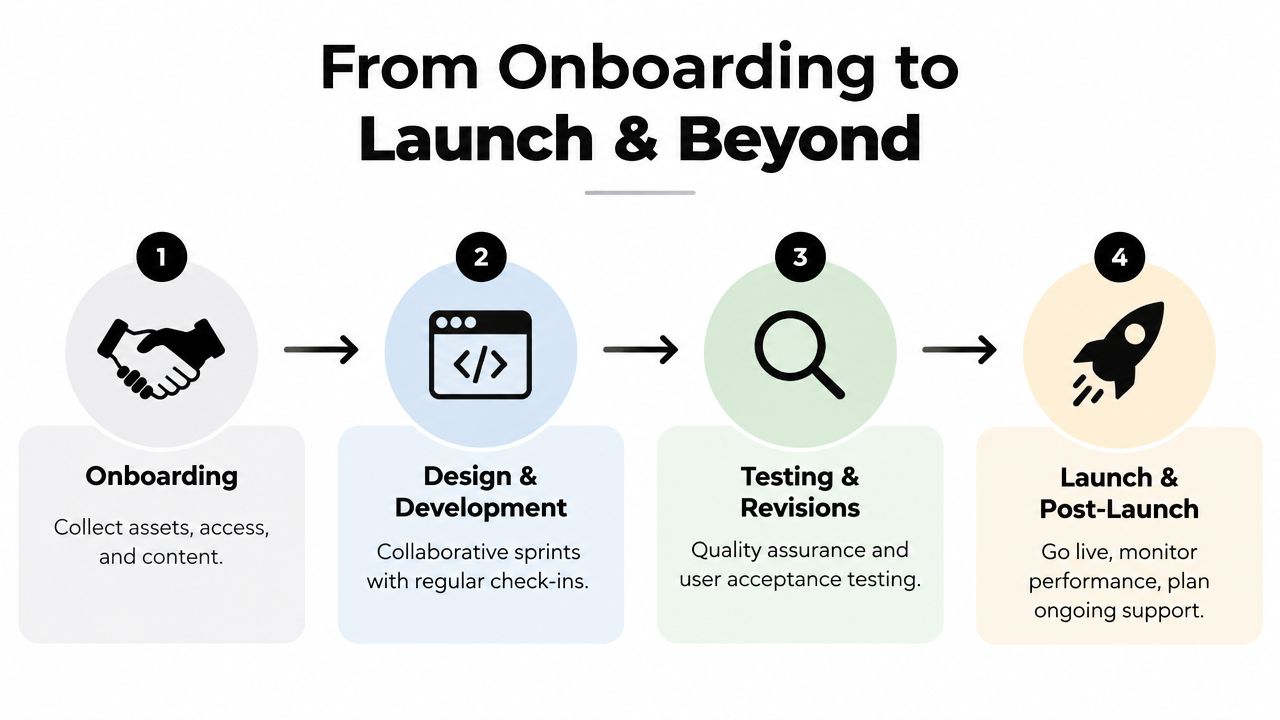 A four-step infographic showing the website project process from initial onboarding to final launch and post-launch support.