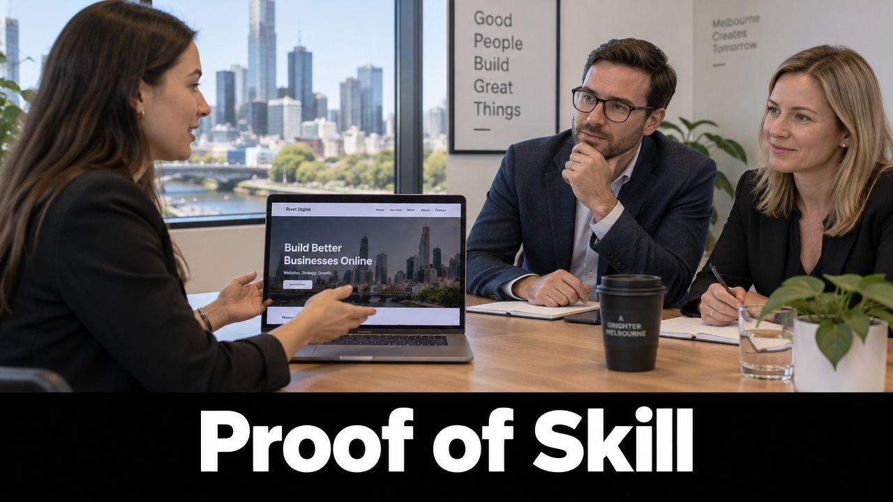 A professional team discussing website design projects in a modern office overlooking the Melbourne skyline.