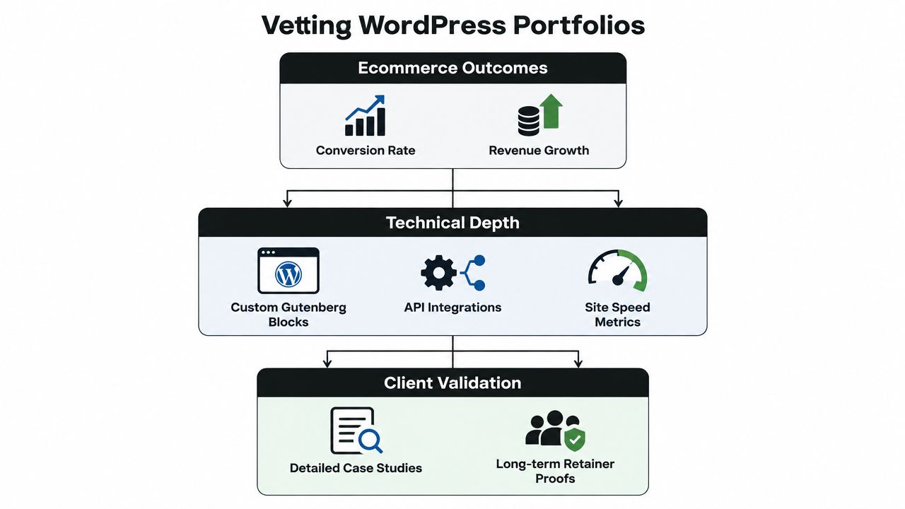 A flowchart diagram illustrating the three key pillars for vetting professional WordPress development portfolios: Ecommerce Outcomes, Technical Depth, and Client Validation.