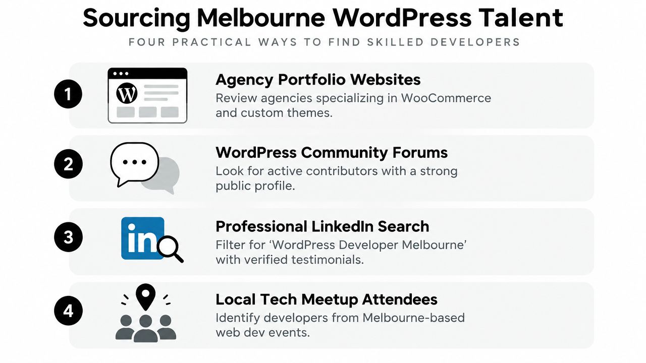 A list of four practical ways to find skilled WordPress developers in Melbourne, Australia.