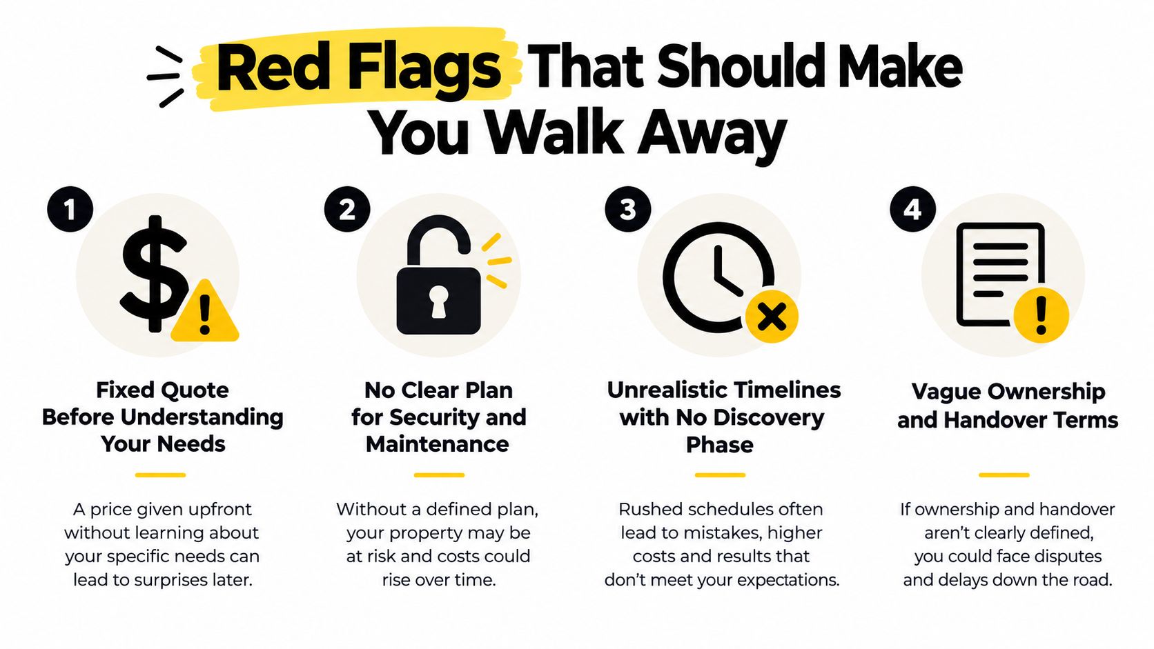 An infographic showing four red flags to consider when choosing a WordPress web design agency.