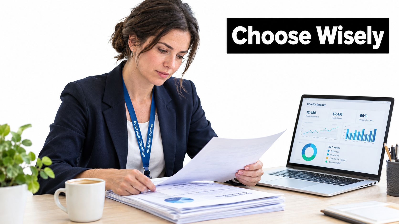 A professional woman at a desk analyzing charity impact data reports on her laptop and paper documents.
