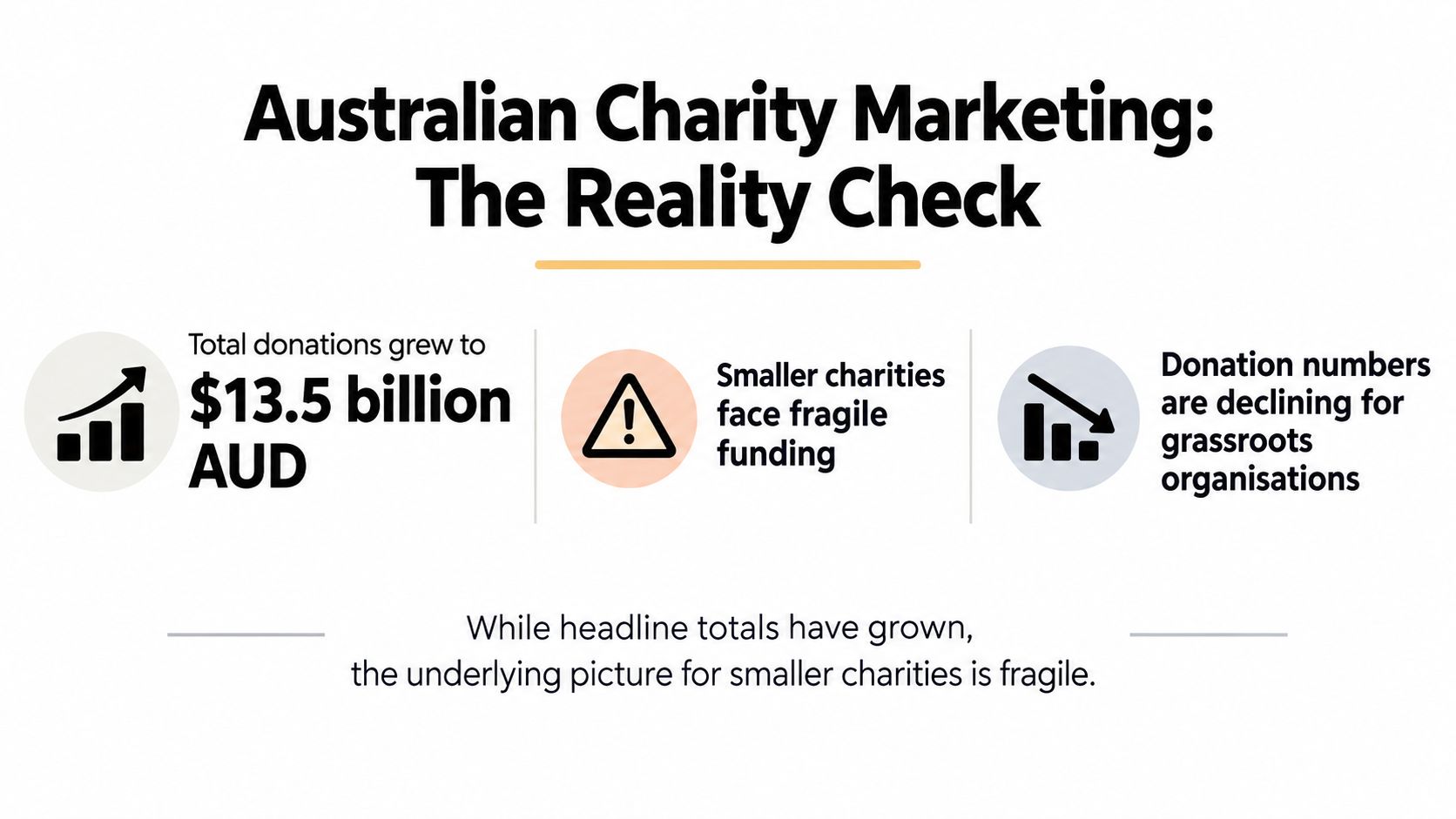 An infographic titled Australian Charity Marketing highlighting that while total donations increased, grassroots organizations face declining support.