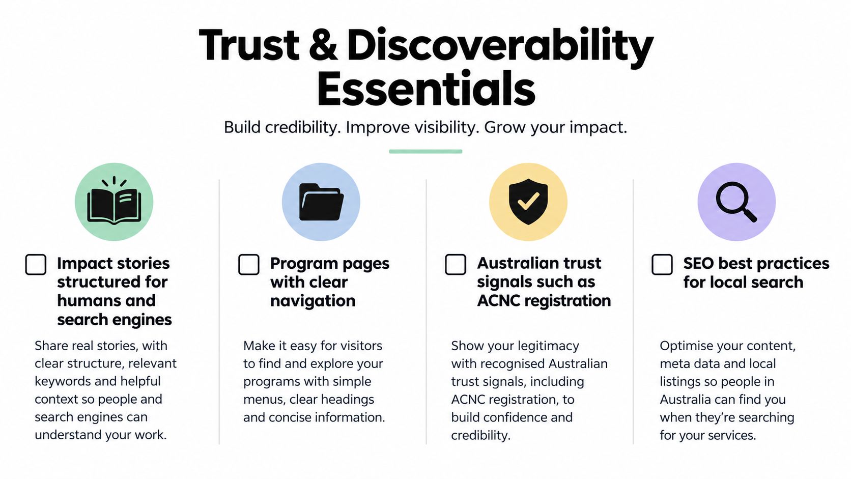 A checklist infographic titled Trust and Discoverability Essentials, detailing key strategies for improving nonprofit website performance and credibility.