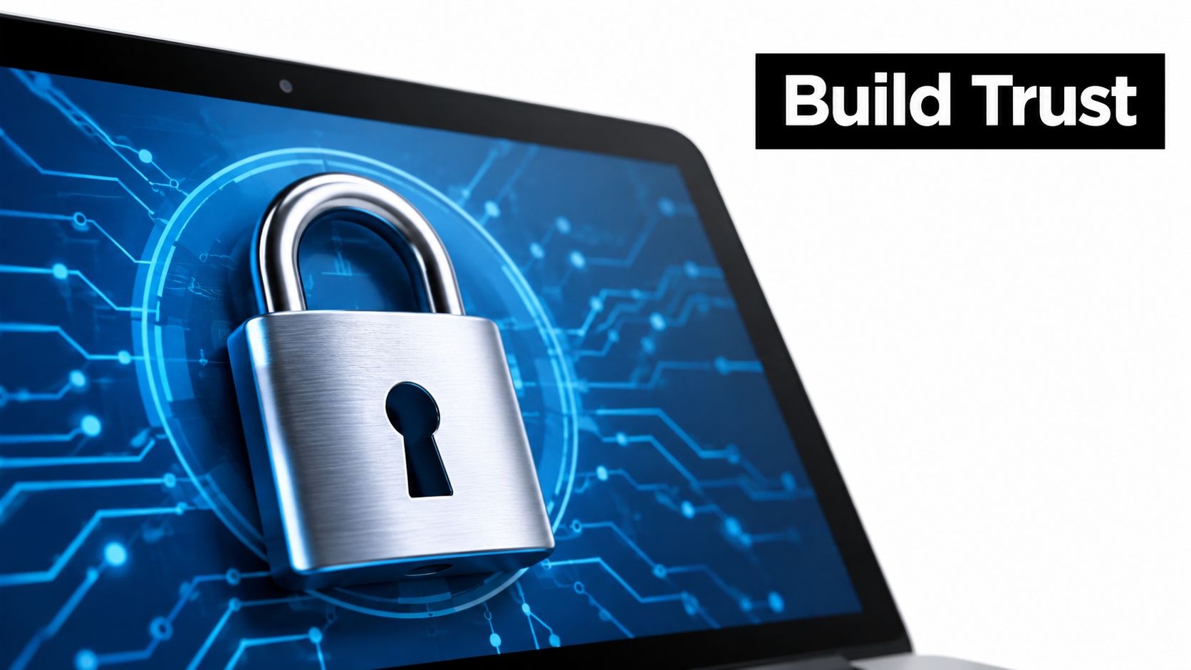 A digital padlock on a computer screen representing cybersecurity and building trust for online users.