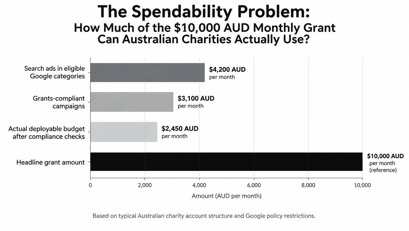 A horizontal bar chart illustrating the actual monthly spendable portion of a $10,000 Google Ad grant.