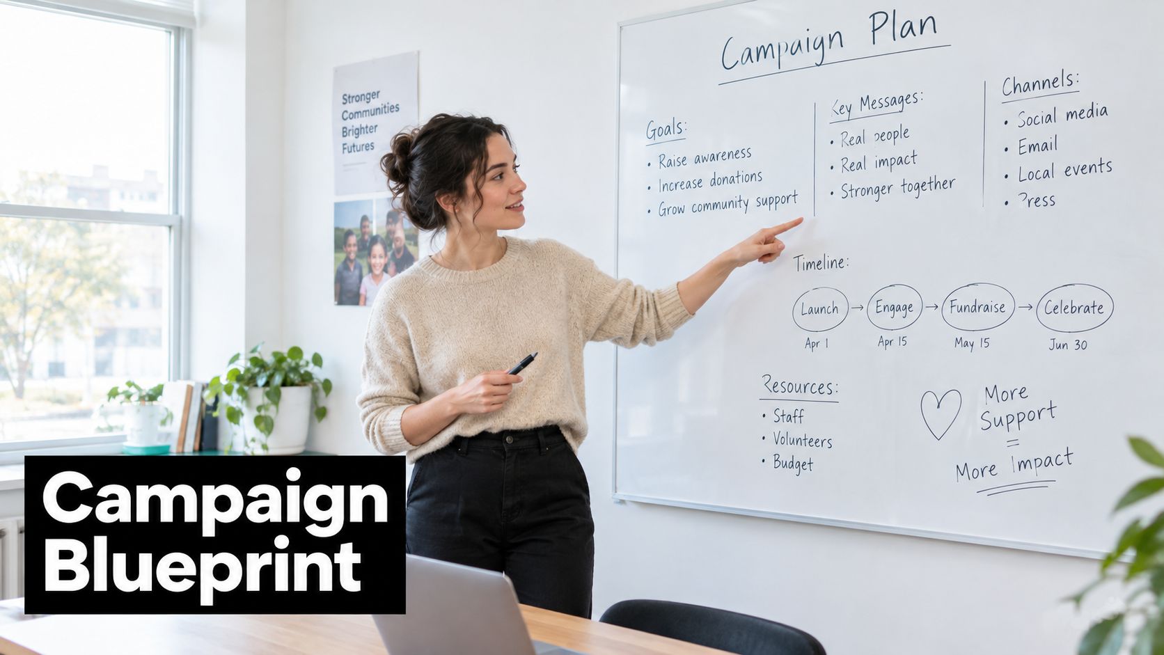 A professional woman pointing to a campaign plan whiteboard presentation in a bright office.