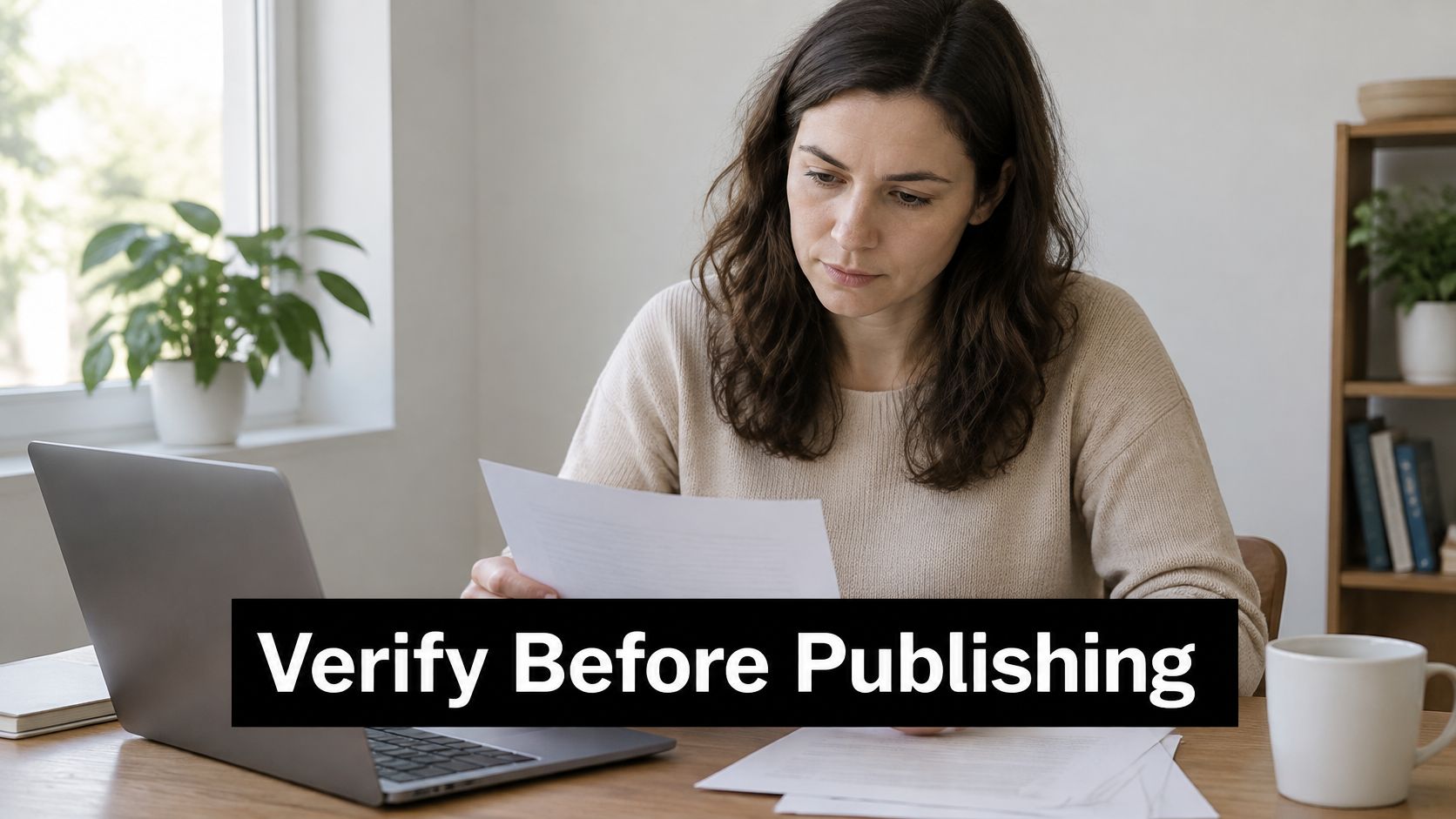 A woman reviewing documents at her desk, emphasizing the importance of verifying information before publishing content.
