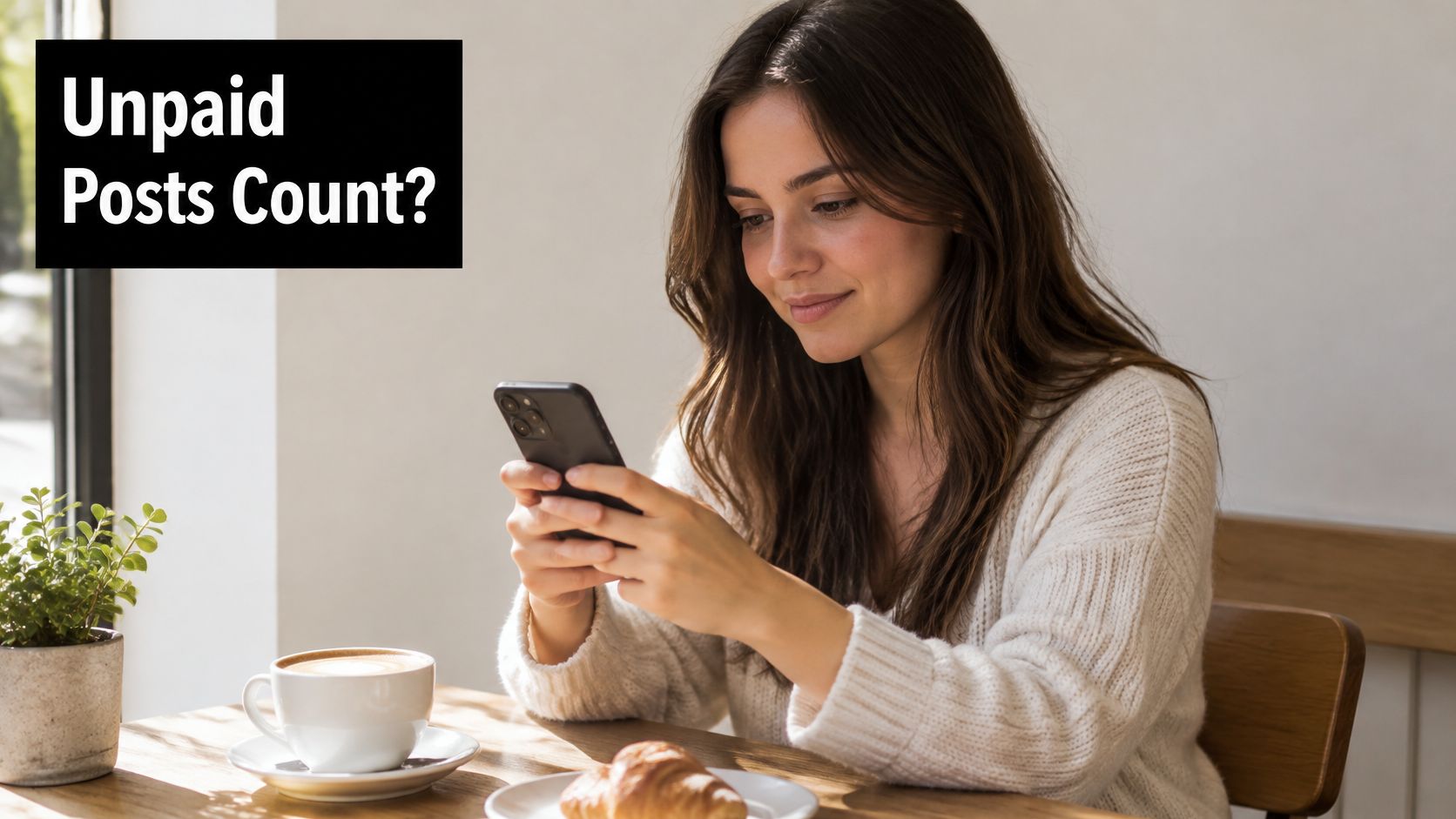 A young woman smiling while looking at her smartphone in a cafe with coffee and croissant