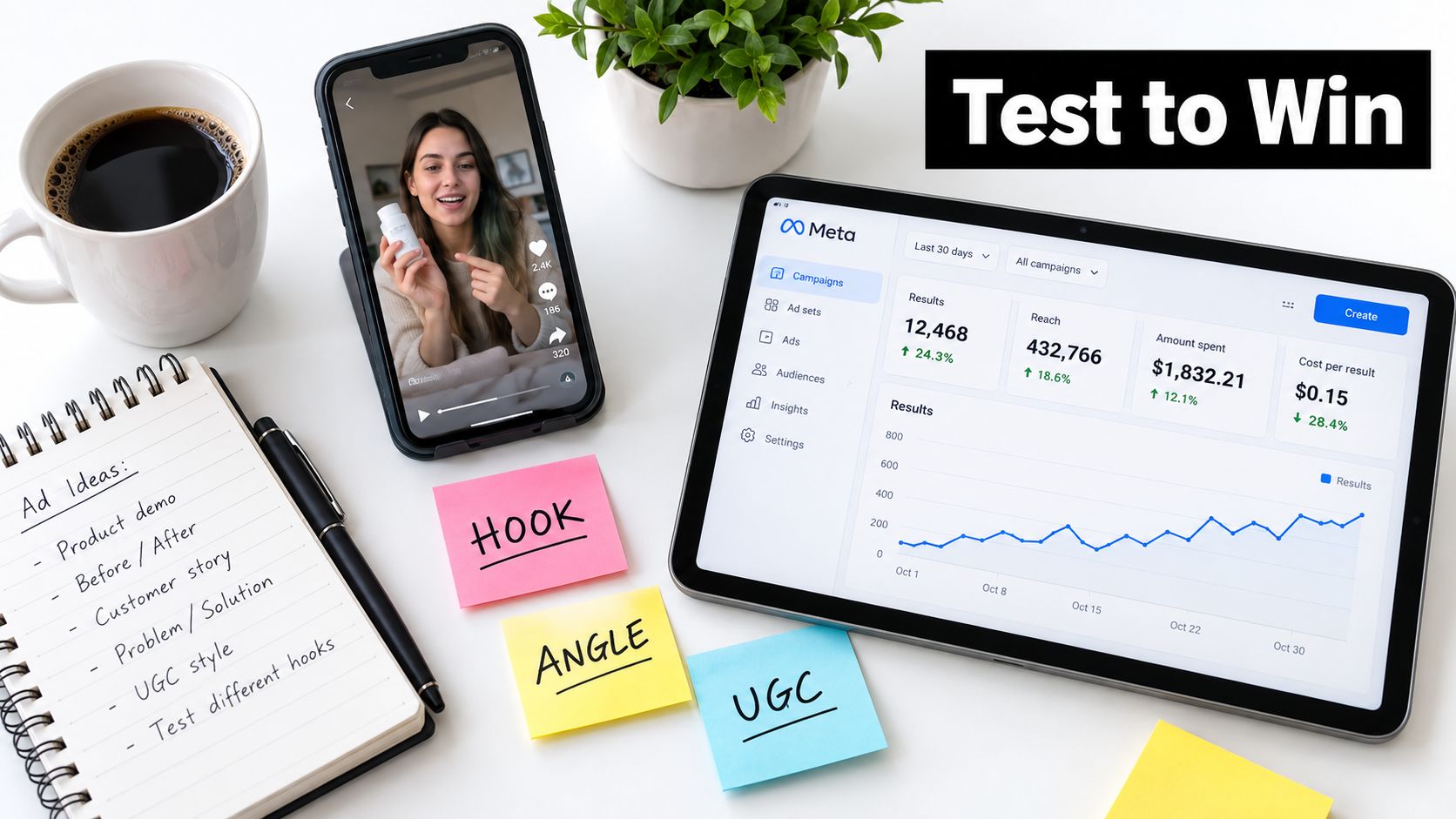 A marketing workspace featuring a phone with an ad, a tablet showing Meta campaign analytics, and notes.