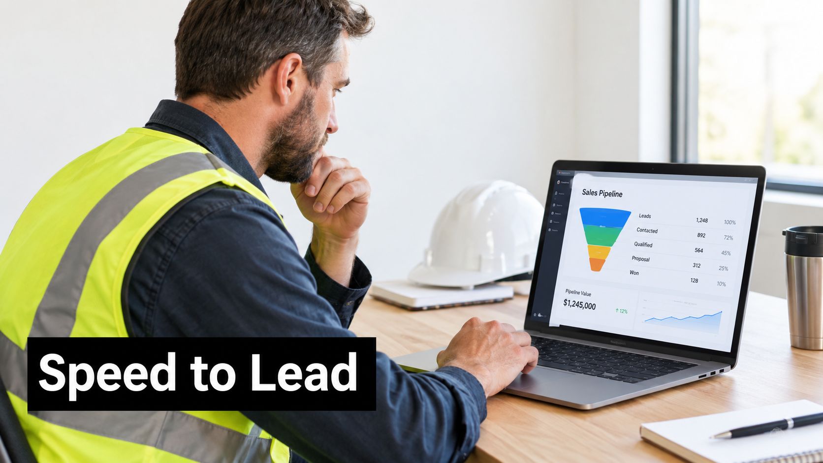 A professional construction worker analyzing sales pipeline data on a laptop in a brightly lit office.