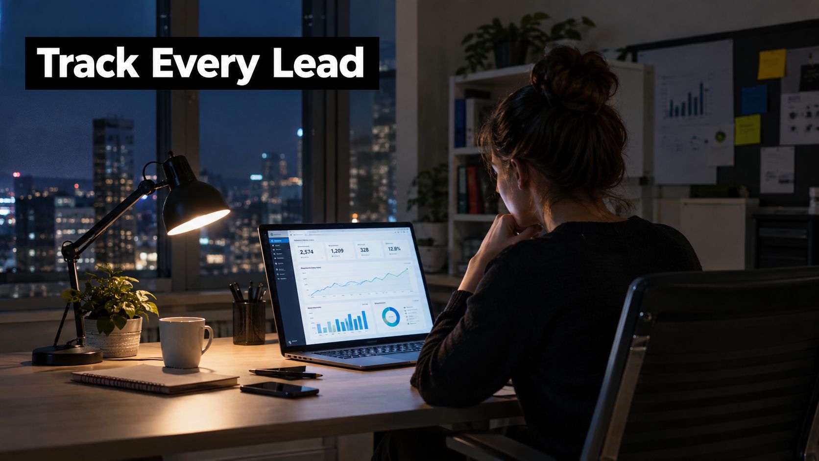 A woman working late at night on a laptop analyzing digital marketing data and sales leads.