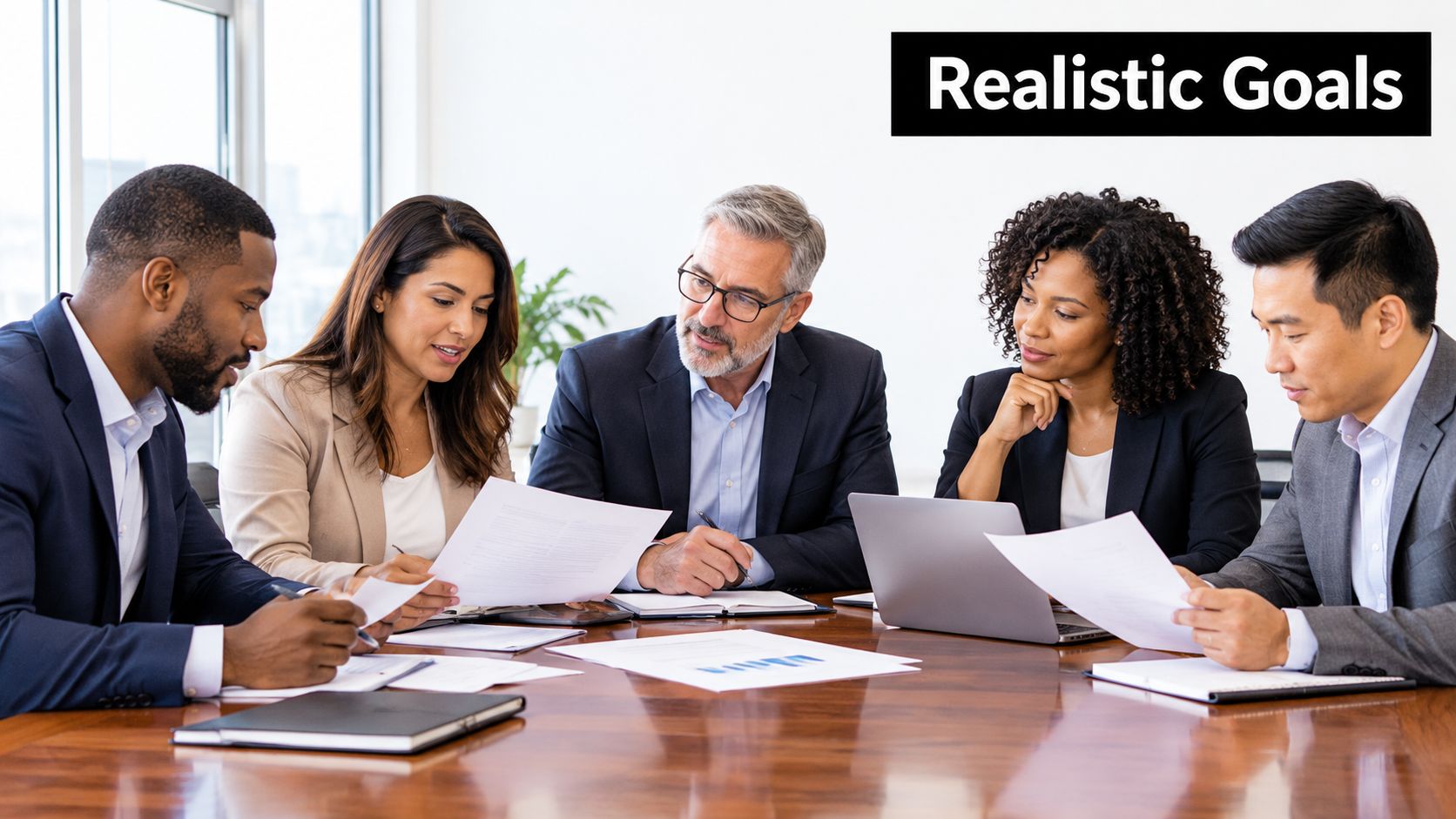 A diverse group of professionals collaborating and reviewing documents during a business meeting in an office.