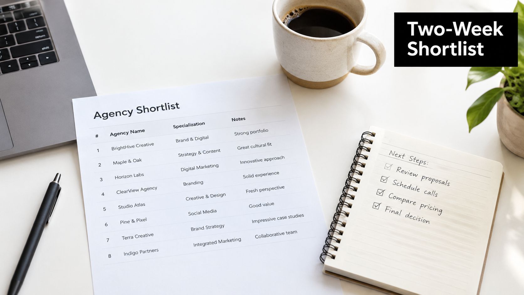 A professional desk setup featuring a printed agency shortlist, a checklist notebook, a laptop, and coffee.