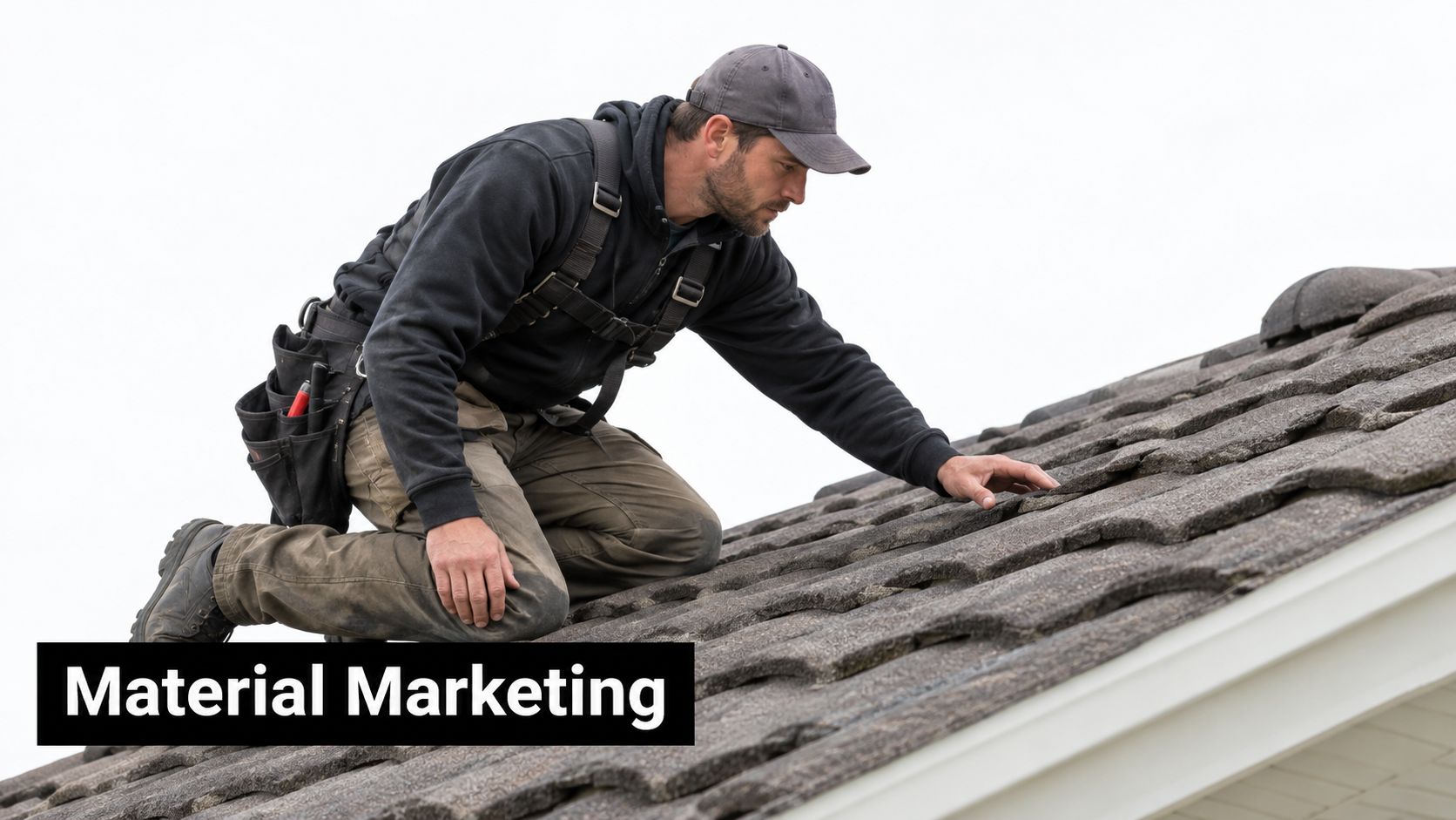 A professional roofer wearing safety gear inspecting dark textured roof tiles on a residential home.