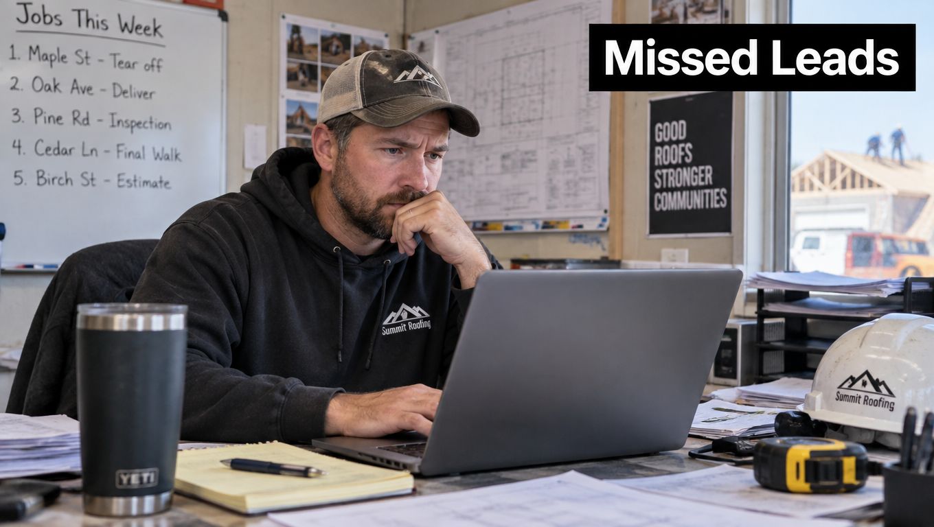 A professional roofer wearing a Summit Roofing hoodie works on his laptop in a site office.