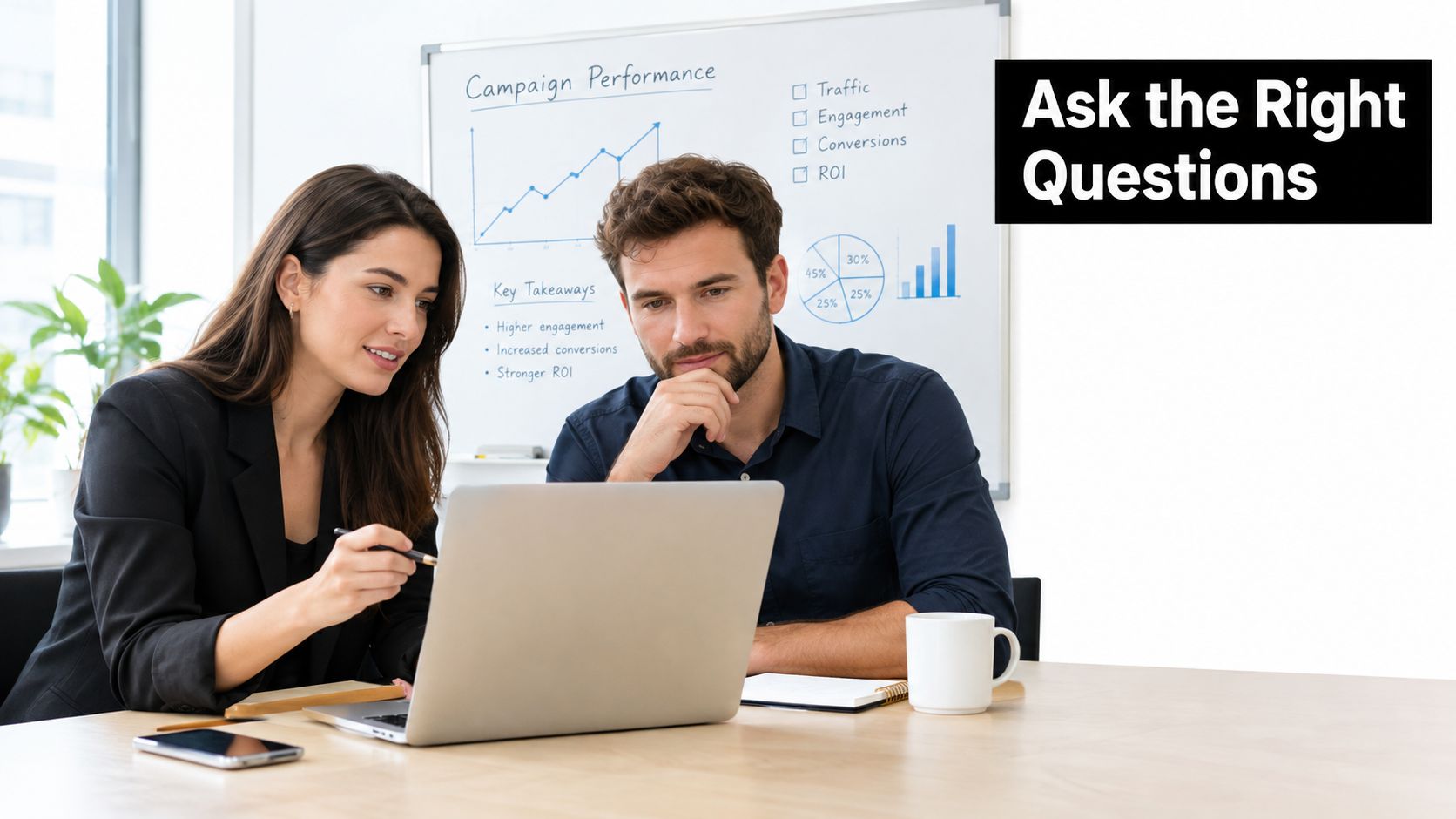 A professional man and woman collaborating on a marketing strategy project in a modern office space.