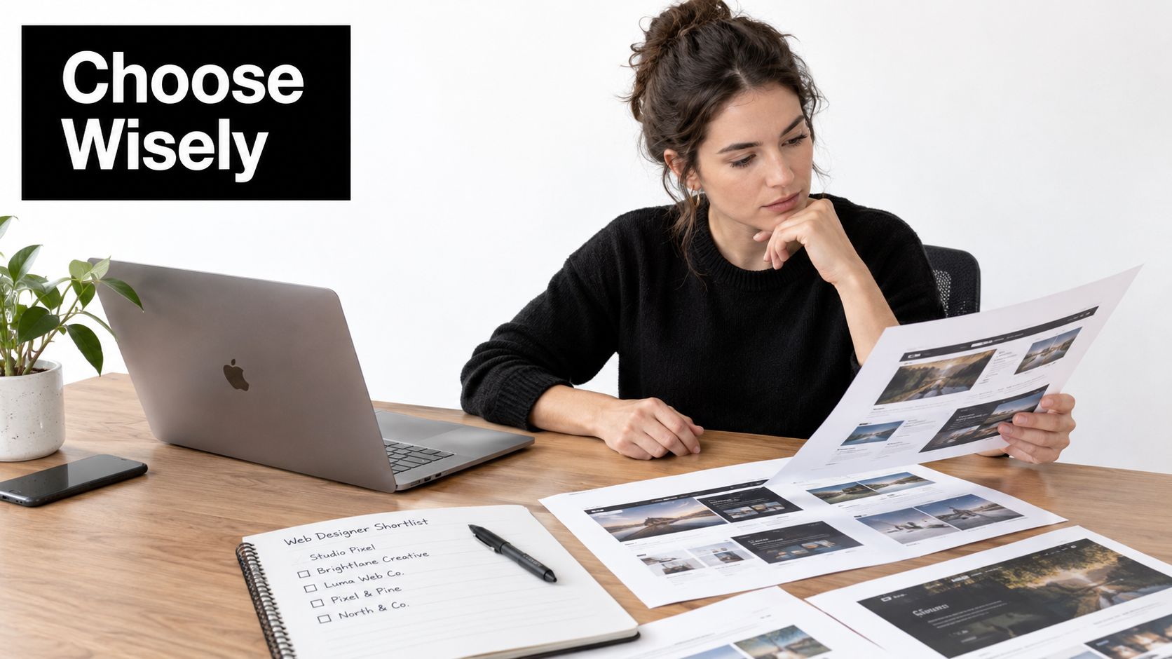 A woman reviewing design printouts while working at her desk with a laptop and notebook.
